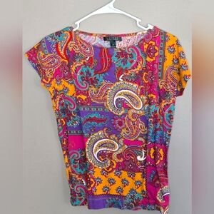 Women's Ralph Lauren Cap Sleeve Paisely 100% Cotton Shirt, Size XS